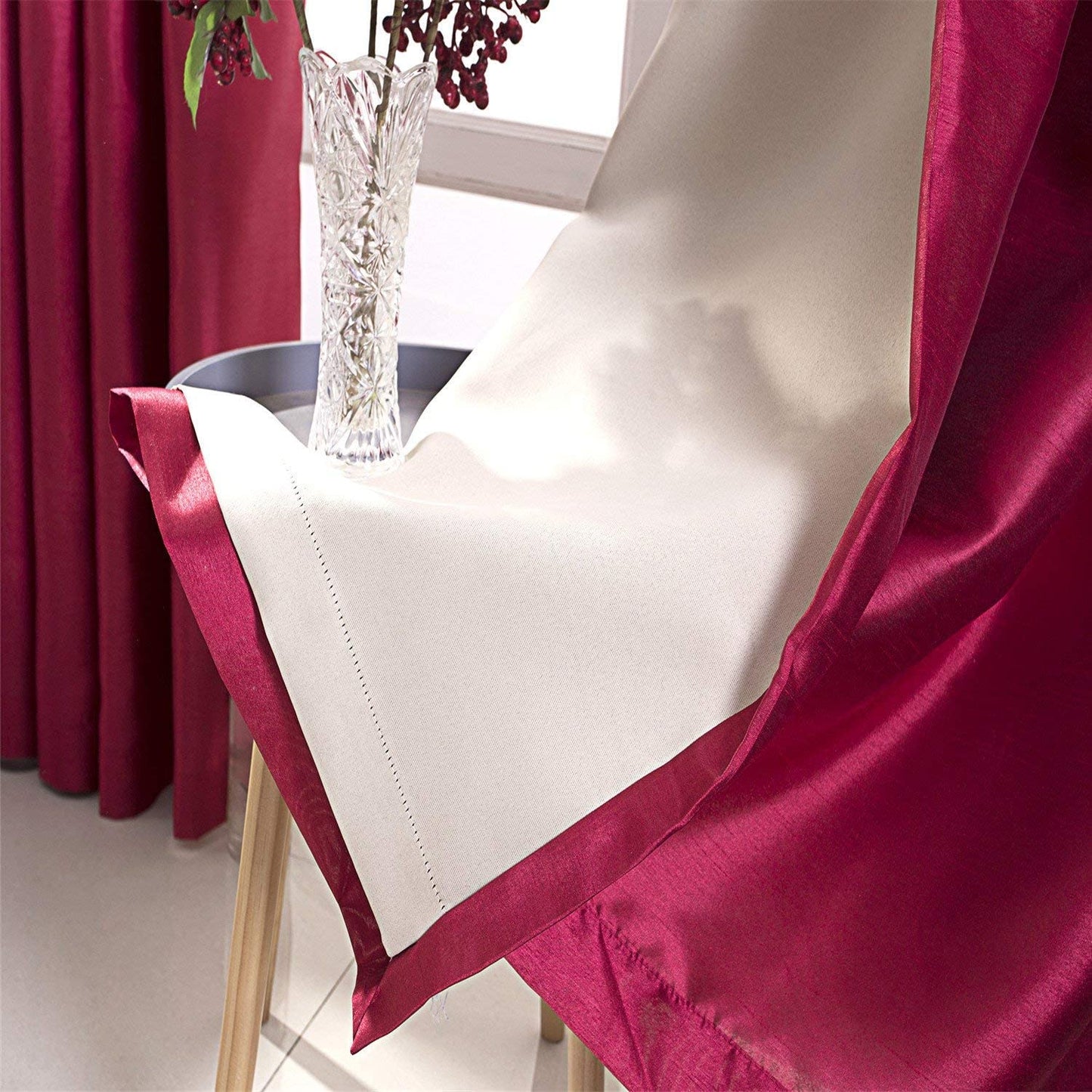 Burgundy Faux Silk Room-Darkening Blackout Curtains with Beige Liner(Sold By Pair)
