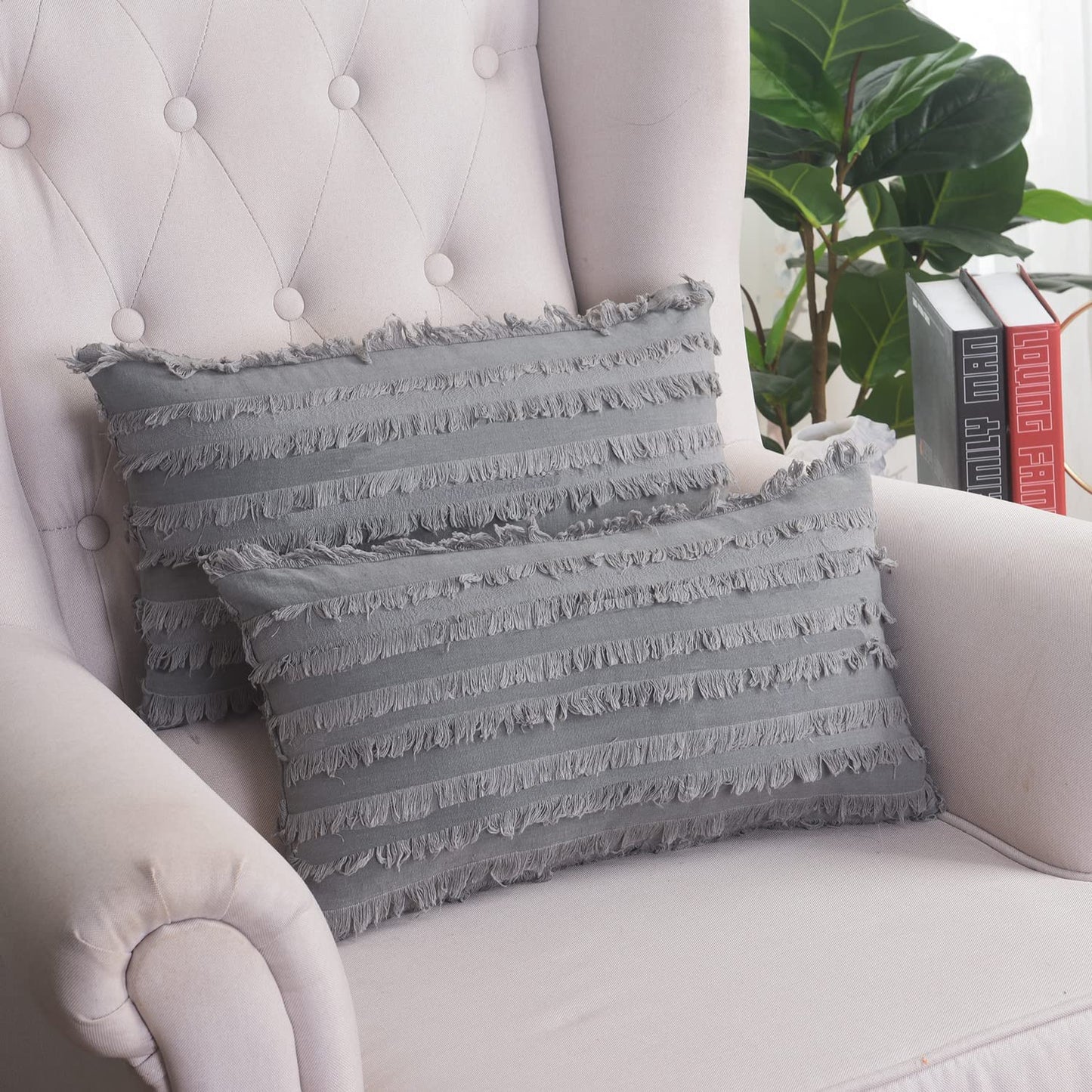 Cotton-Linen Throw Pillow Covers,Decorative Tassels Design,Modern Fringe Cushion Covers,Pack of 2