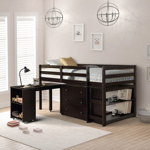 Gyrohomestore Low Study Twin Loft Bed with Cabinet and Rolling Portable Desk