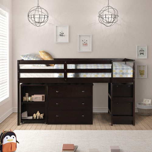 Gyrohomestore Low Study Twin Loft Bed with Cabinet and Rolling Portable Desk