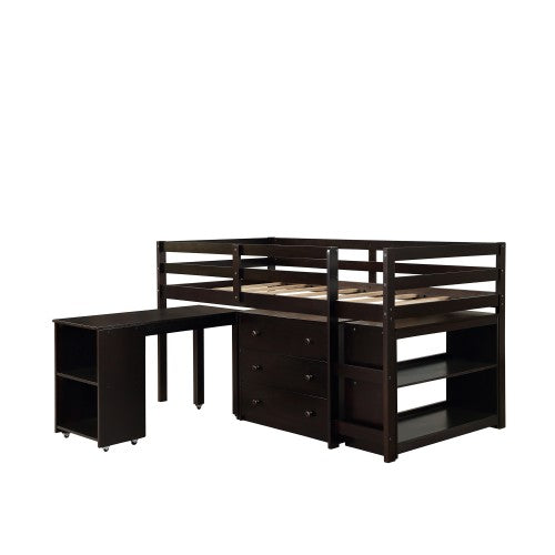 Gyrohomestore Low Study Twin Loft Bed with Cabinet and Rolling Portable Desk