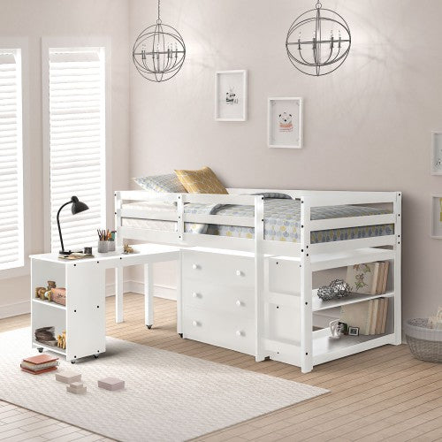 Gyrohomestore Low Study Twin Loft Bed with Cabinet and Rolling Portable Desk