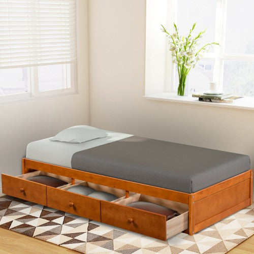Gyrohomestore Oak Platform Twin Size Bed with 3 Drawers Storage
