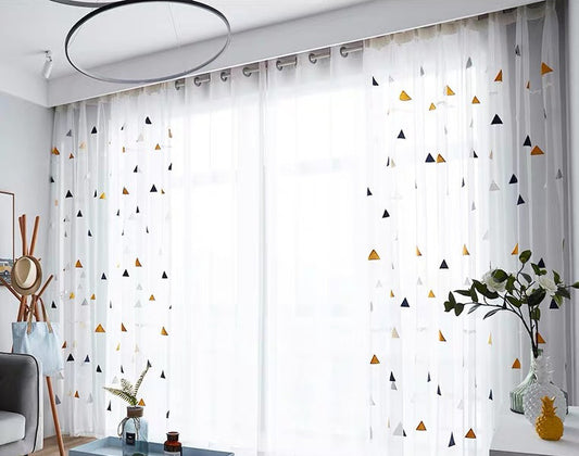 Sheer Voile Curtains with Blue and Yellow Triangular Embroidery