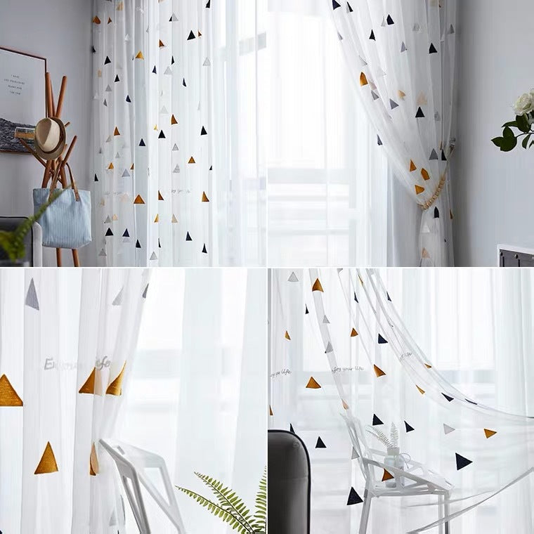 Sheer Voile Curtains with Blue and Yellow Triangular Embroidery