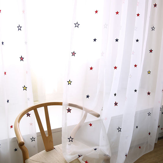 Sheer Voile Curtains with red and Yellow Star Pattern Embroidery