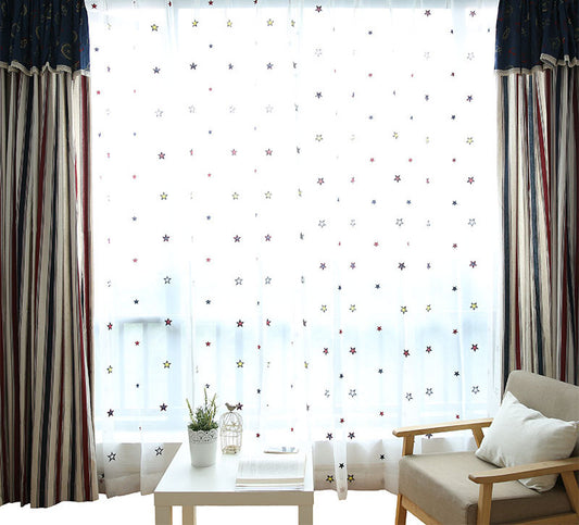 Sheer Voile Curtains with red and Yellow Star Pattern Embroidery