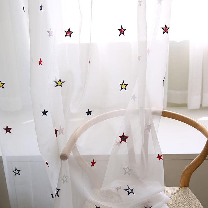 Sheer Voile Curtains with red and Yellow Star Pattern Embroidery