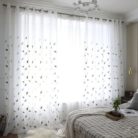 Pastoral Style Sheer Voile Curtains with Green and Blue Leaf Embroidery