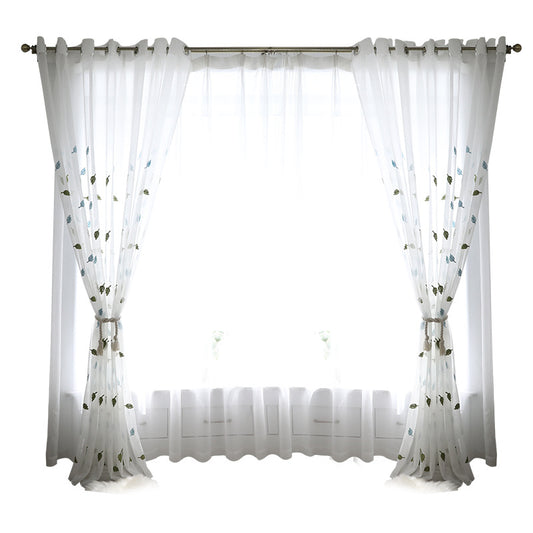 Pastoral Style Sheer Voile Curtains with Green and Blue Leaf Embroidery