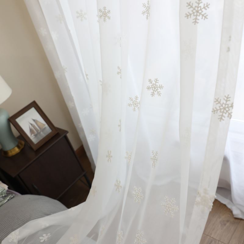 Sheer Voile Curtains with White Snowflake Embroidery
