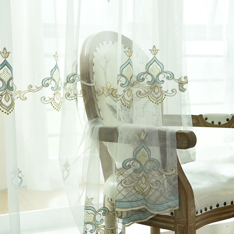 Sheer Voile Curtains with Golden Flower Pattern Embroidery