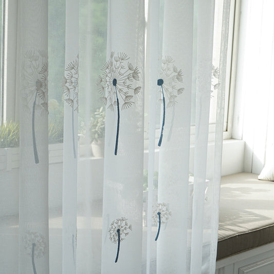 Sheer Voile Curtains with Blue Dandelion Embroidery