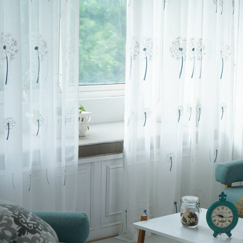 Sheer Voile Curtains with Blue Dandelion Embroidery