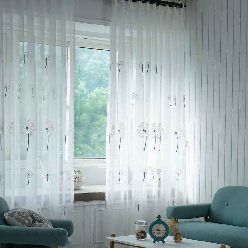 Sheer Voile Curtains with Blue Dandelion Embroidery