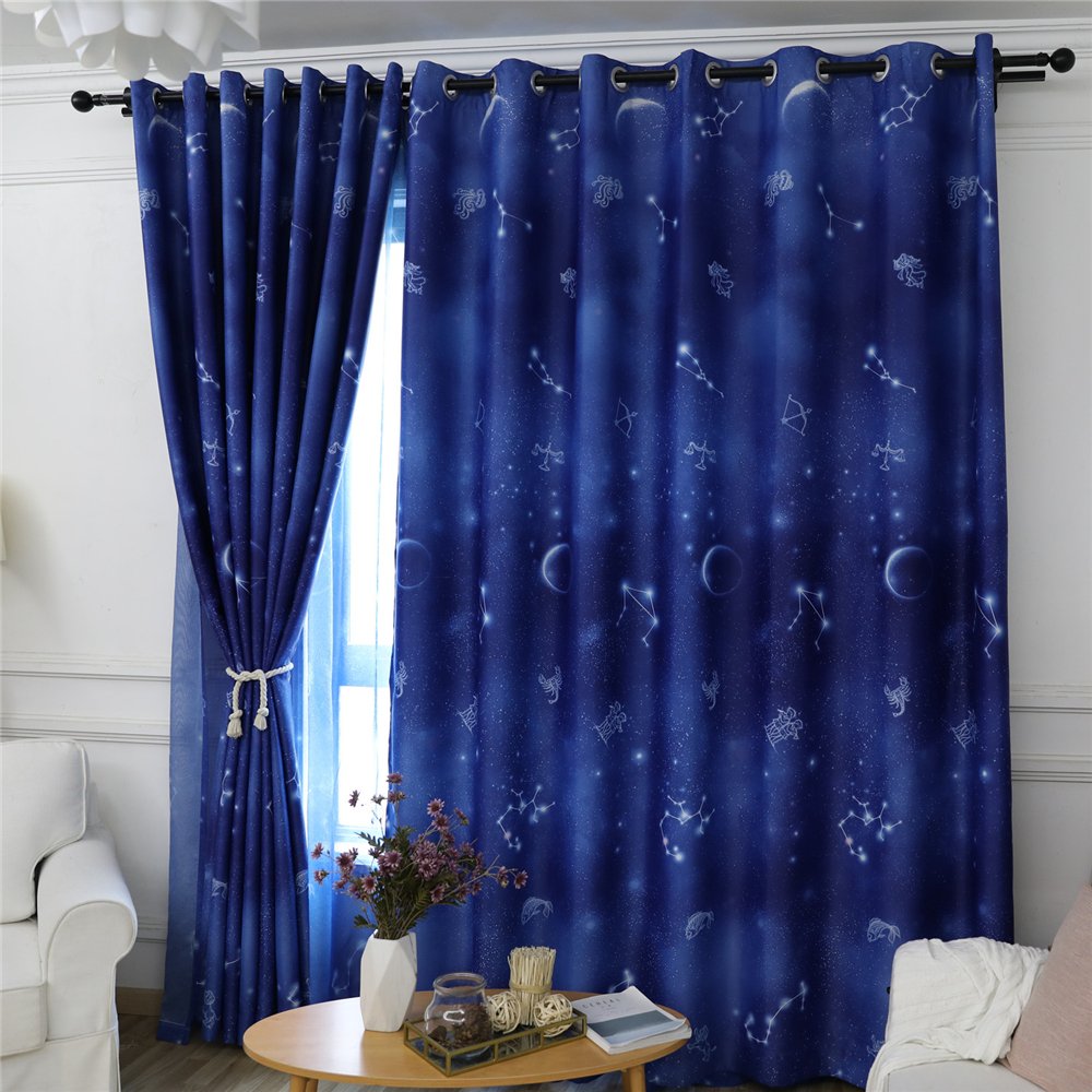 Gyrohomestore Starry Night Print Thermal Insulated Navy Blue Blackout Curtains