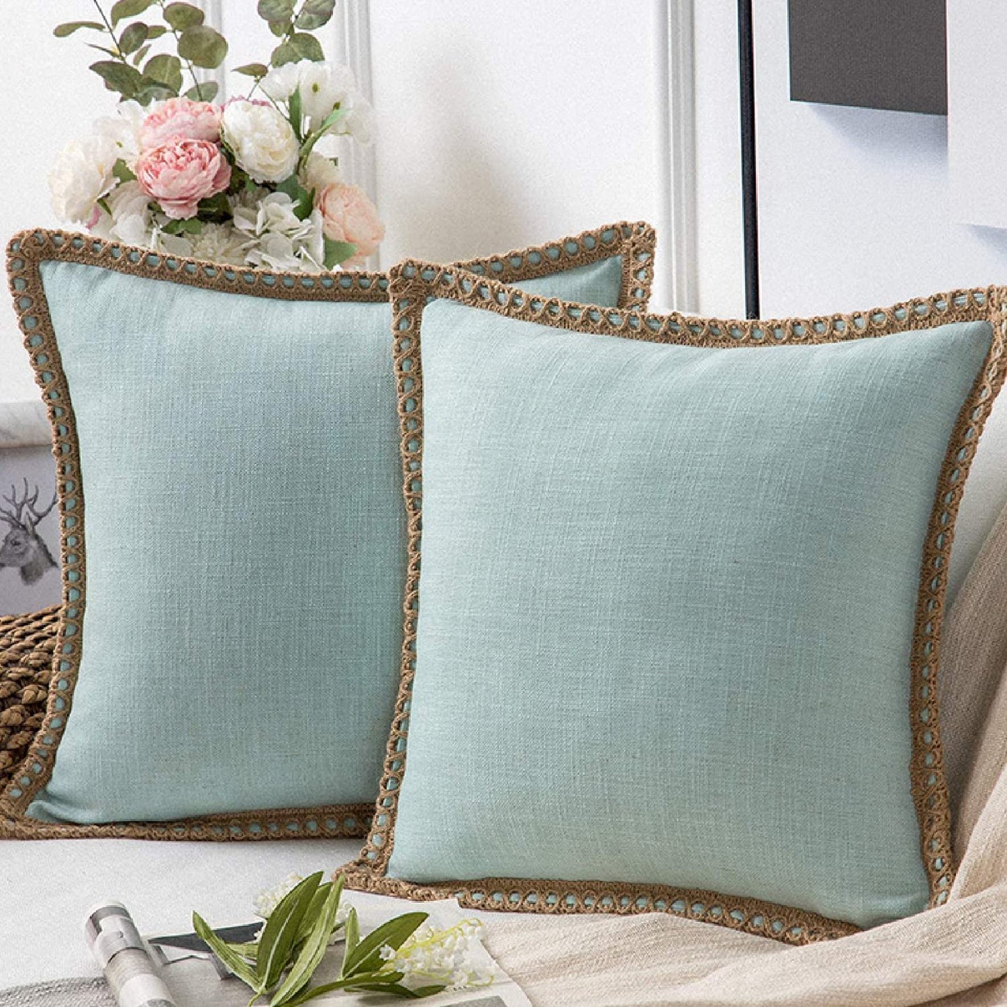 Throw Pillow Covers Farmhouse Decorative Burlap Linen Cushion Covers